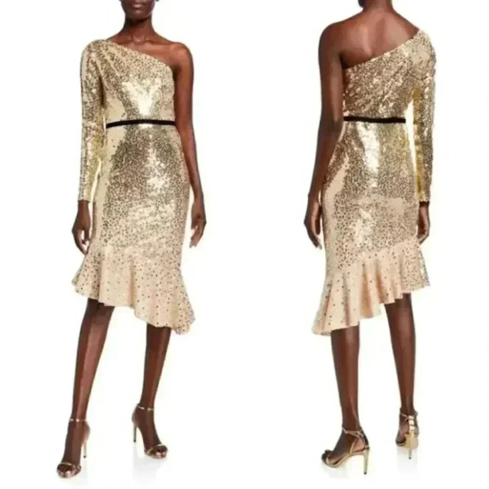 NWT Marchesa Notte Gold Sequin Ruffle Asymmetric One Shoulder Cocktail Dress 6